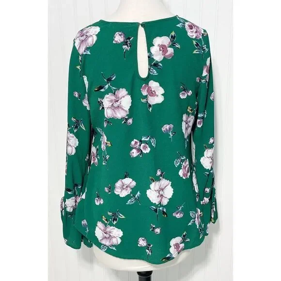 Live To Be Spoiled Floral Print Long Bell Sleeve Blouse Keyhole Back Green Large - Picture 11 of 14